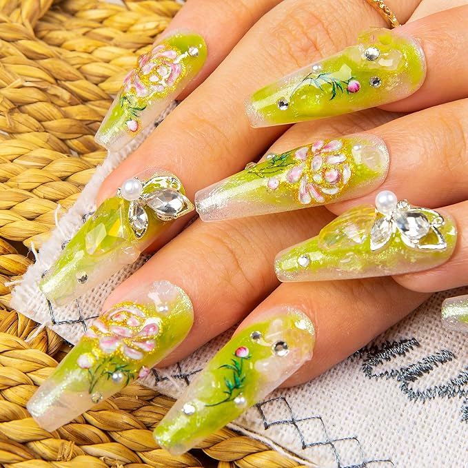 LOVFUL Press on Nails Seraphina's Garden | Handmade with Full Covered Crystals | Reusable Full Cover Nails | Coffin Classic Regular 1.3 in | H460-S