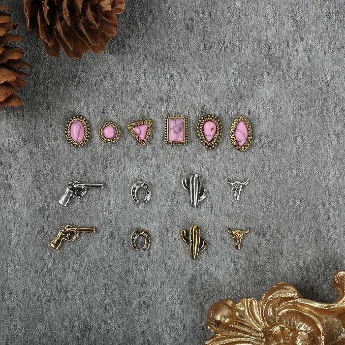 50 PCS Western Nail Charms - Pink Turquoise Nail Gems Stone 3D Vintage Western Art, Retro Pink Marble Cowgirl Charms Gems Metal Gold Silver Art Jewelry Gifts for Women DIY