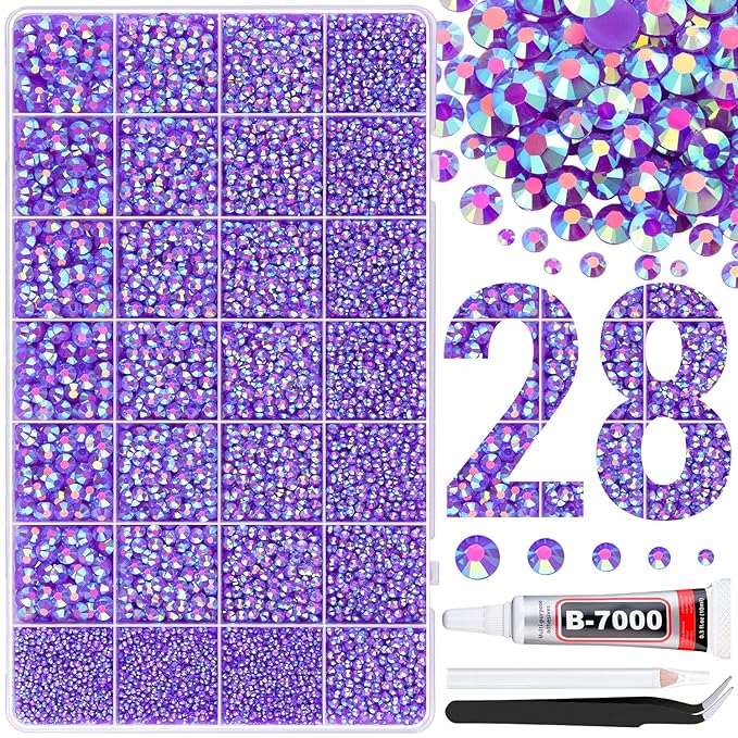30000Pcs Resin Rhinestones for Bedazzling with B7000 Jewelry Glue, Dark Purple AB Flatback Gems Rhinestones for Crafting, Clothing Tumblers Mugs Shoes Fabric Decor Nail Art