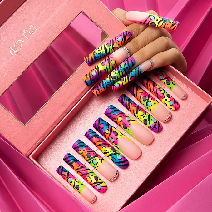 LOVFUL Press on Nails Illusion | Handmade with Full Covered Crystals | Reusable Fake Nails | Square | H123-S, pink