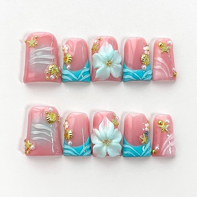 Luxury Press on Nails Short Duck Handmade 3D Unique Reusable ABS Material Fake Nails French Tip False Nails with Designs Flower Pearls Shell Blue Glossy Glue on Nail Thick Acrylic Nail(S)