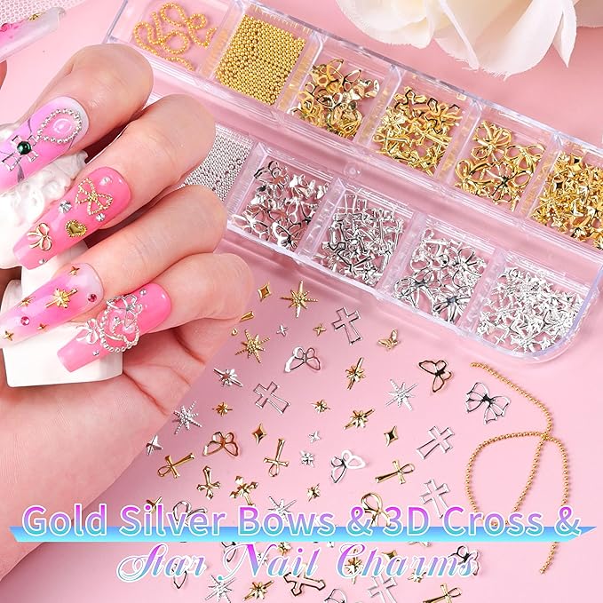 5 Boxes Gold & Silver Metal Nail 3D Punk Studs Flower Petals Heart Bows Star Pearls Rhinestones Nail Charms Nail Art Jewels with Tweezers and Nail Brush and Wax Pen Picker (10-multishapes charms)