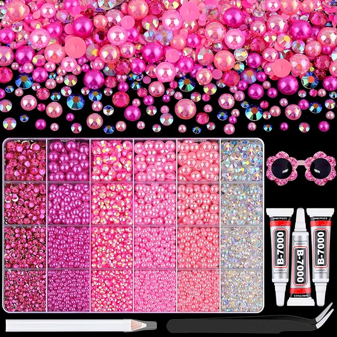 14000Pcs Flatback Pearls and Rhinestones for Crafting, Hot Pink Light Pink Mixed Size 3-8mm Resin Rhinestones and Half Pearls for Bedazzling, Nail Art and Decoration with 3pcs B7000 Jewelry Glue