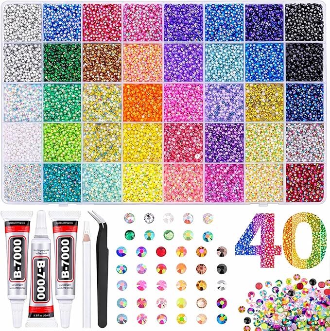 40 Colors Flatback Resin Jelly Rhinestones, 3mm 32000 Pieces with B7000 Glue for Bedazzling, Crafting, Clothing, Shoes, Nail Art, Diamond Art