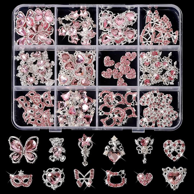 60 Pcs Heart Nail Charms, Rhinestone Pink Butterflies Nail Art Gems, Star Heart Butterfly Charms Decorations Sailor Moon Acrylic Nail Accessories for Women DIY Crafts 1