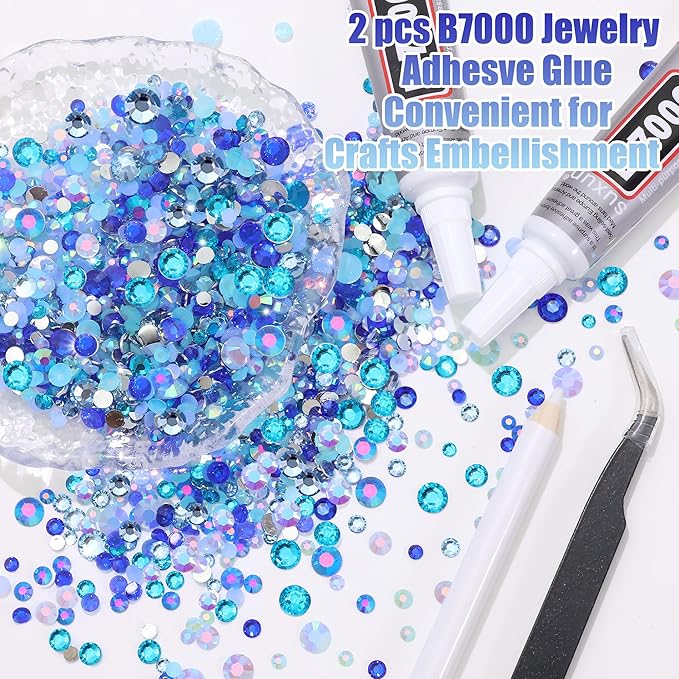 RODAKY Blue Rhinestone Flatback Gems for Bedazzling 3/4/5/6mm Crystal Rhinestones 2PCS 10ml B7000 Jewelry Glue Tweezers Pen Making Kit for DIY Craft Clothing Shoes