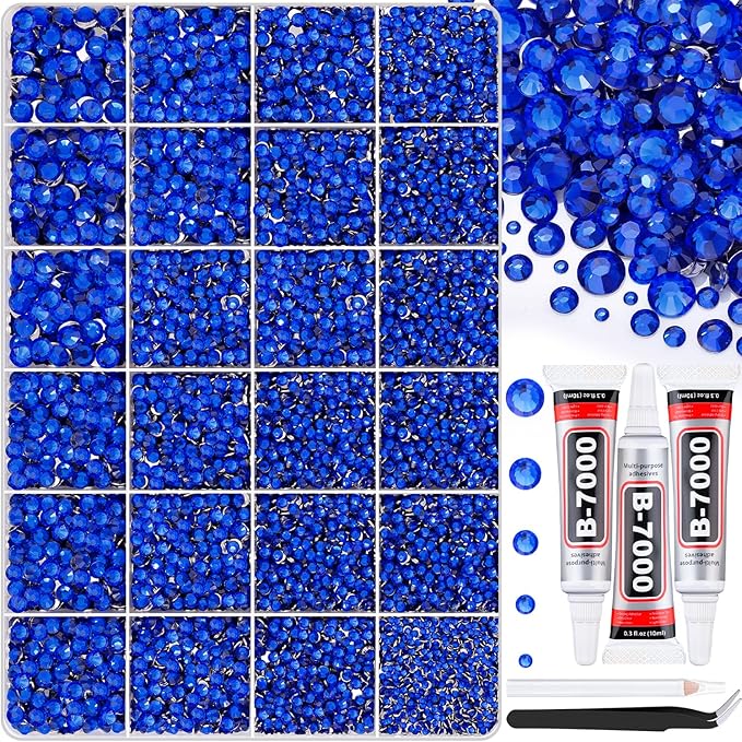 30000Pcs Royal Blue Rhinestones for Bedazzling with B7000 Jewelry Glue, Bedazzler Kit Bulk Flatback Gems, Resin Rhinestones for Crafting Crafts Clothing Shoes Fabric Nail Art Assorted Size 2/3/4/5/6mm