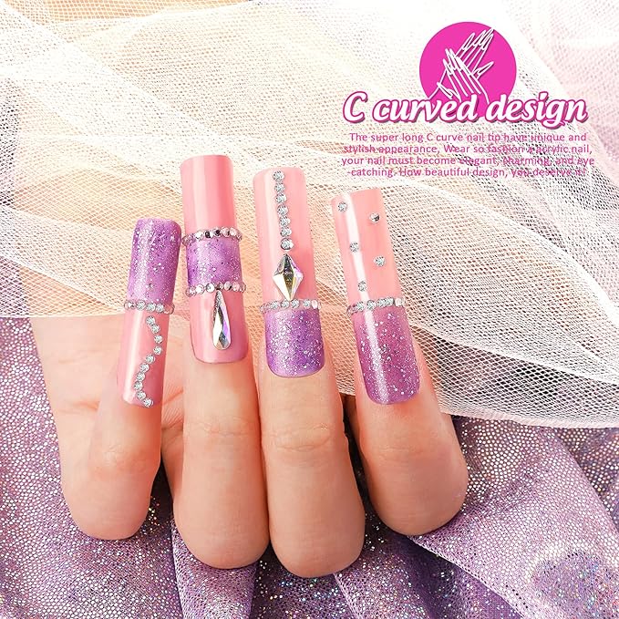 HNYYZL Extra Long Square ABS False Nail Tips, 240Pcs Kit with C Curve, Nail Glue, File for Salon Home DIY