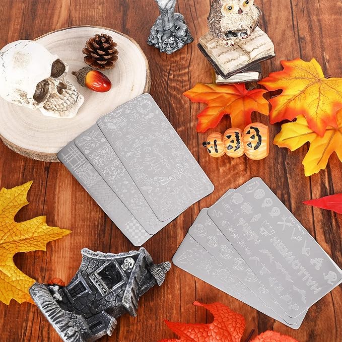 Whaline Fall Halloween Nail Art Stamping Plate Kit Hello Fall Pumpkin Ghost Witch hat Plaid Design Nail Art Set for Autumn Thanksgiving Halloween DIY Print Manicure Salon, Set of 6