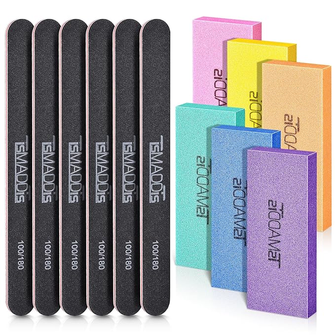TsMADDTs Nail Files and Buffers Set with 6 pcs Rectangular Buffers and 6 pcs Black 100 180 Grit Files, Professional Nail Care Tools Kit for Women and Girls