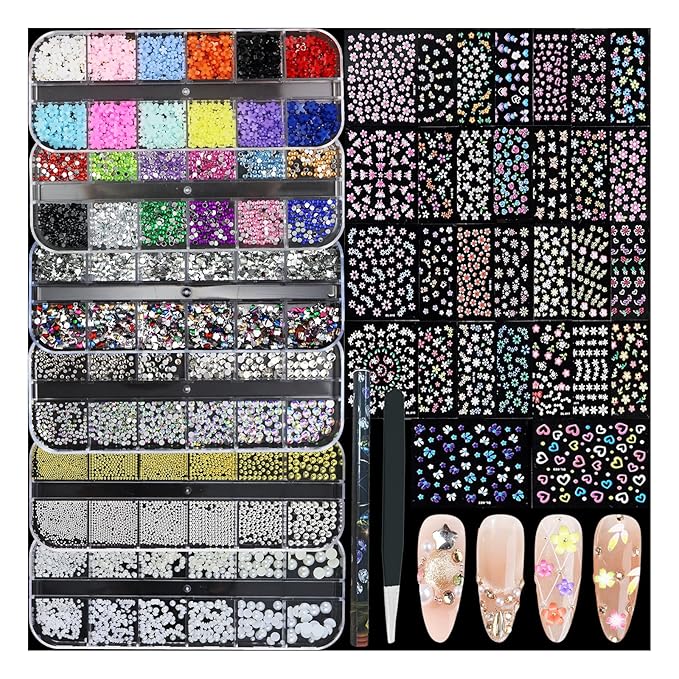 Nail Charms Kit with 30 Sheets Flower Nail Stickers,Colorful Heart Flower Bow 3d Nail Rhinestones And Gems,Nail Pearls Jewels,Tweezer and Wax Pen Art Tools for DIY Design (White And MixColors)