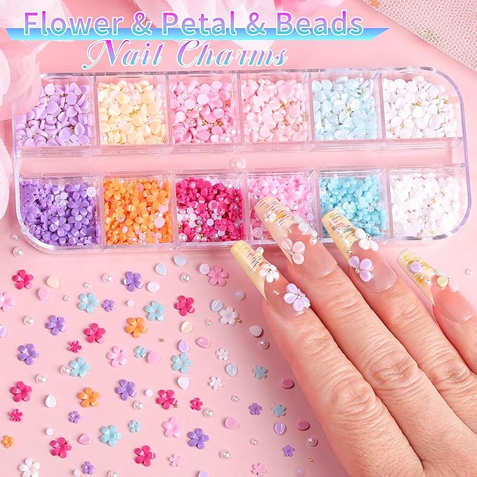 5 Boxes Gold & Silver Metal Nail 3D Punk Studs Flower Petals Heart Bows Star Pearls Rhinestones Nail Charms Nail Art Jewels with Tweezers and Nail Brush and Wax Pen Picker (10-multishapes charms)