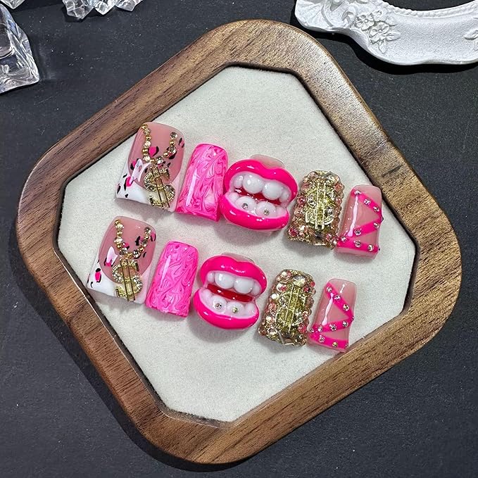 Short Press on Nails Duck Luxury Handmade Fake Nails French Tip False Nails 5D Charms and Rhinestone Design 100% Handmade Rose Pink Full Cover Stick on Nail for Women (Size M)