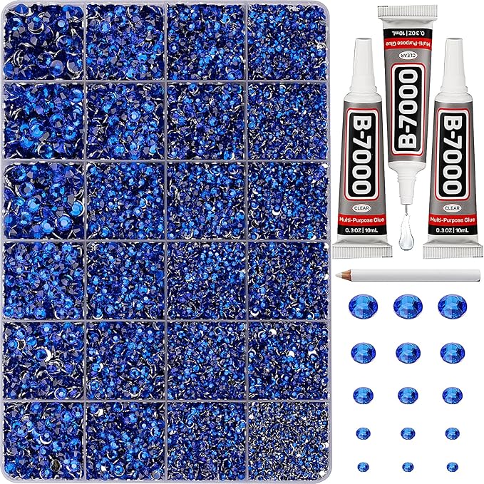 33000Pcs Blue Rhinestones for Bedazzling, Bedazzler Kit with Flatback Craft Rhinestones Navy Royal Dark Blue Bulk and B7000 Glue, 2,3,4,5,6mm Resin Flat Back Crystals for Craftings, Clothes, Nails