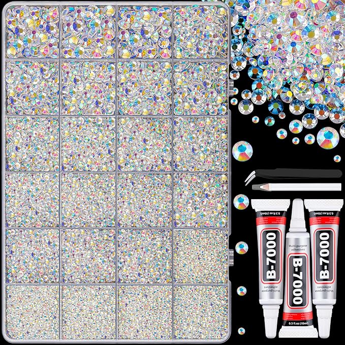30000Pcs Resin Jelly Rhinestones with Tweezers for Bedazzling, Transparent AB Flatback Gems, Crystal with 3Pcs 10ml B7000 Jewelry Glue for Crafting Clothing Tumblers Shoes Fabric Nail Art Makeup