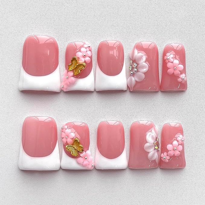 Luxury Press on Nails Short Duck Handmade 3D Unique Reusable ABS Material Fake Nails White French Tip False Nails with Designs Butterfly Flower Rhinestones Glossy Glue on Nail Thick Acrylic Nail(M)