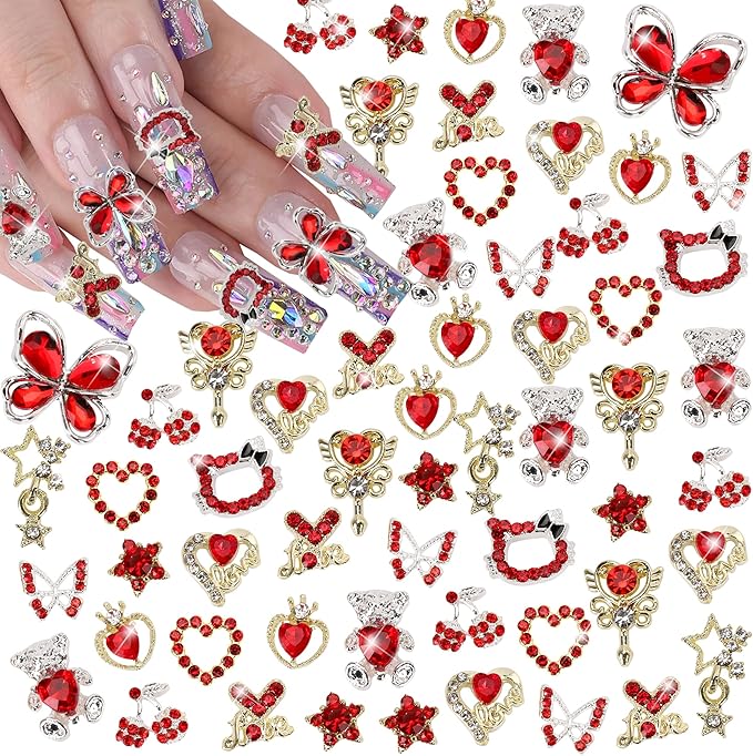 24PCS Red Nail Charms Y2k Alloy Nail Art Rhinestone Charms 3D Heart Star Sailor Moon Nail Charms with Rhinestones Bear Cherry Nail Gems Shiny Jewelry Nail Decorations Supplies C
