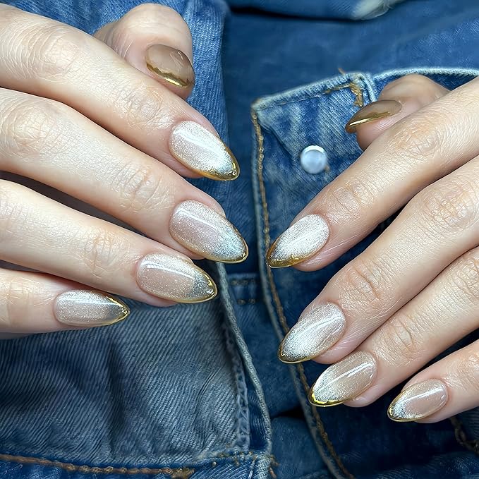 Press On Nails Short Almond Iridescent Nude-Cat Eye with Gold Glitter French Tip | Reusable Soft Gel Nails in 12 Sizes 24 Nail Kit with Glue | Designed in L.A, Handmade in Vietnam | Golden Eye