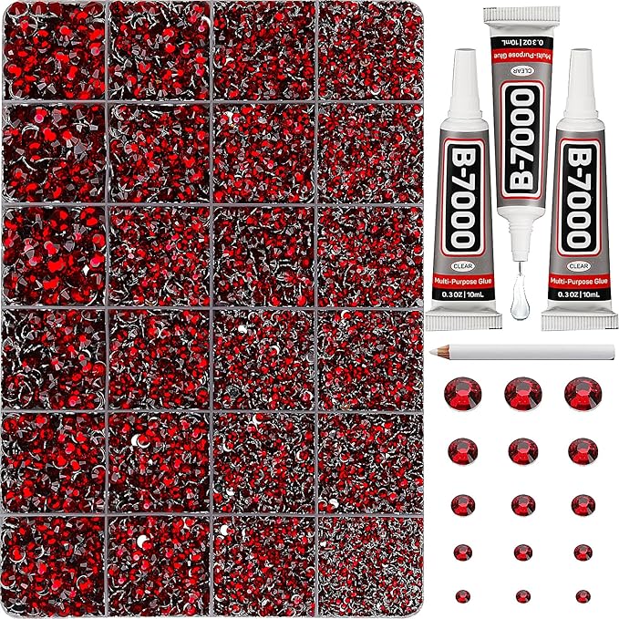 33000Pcs Burgundy Rhinestones for Bedazzling, Bedazzler Kit with Flatback Craft Rhinestones Maroon Dark Red Dark Siam Bulk and B7000 Glue, 2,3,4,5,6mm Resin Flat Back Crystals for Craftings, Nails