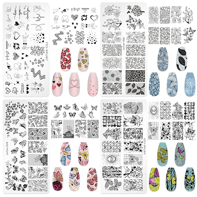 7pc Nail Stamping Plate Kit Flower Butterfly Nails Stamp Plate Lace Animal Nail Art Template Stencil Fingernail Polish Stamps Plates Set Silicone Stamper Scraper French Nails Design Tools