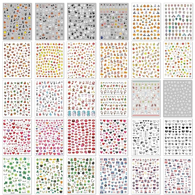 TailaiMei 30 Sheet All Holidays Nail Art Stickers, Christmas Mixed Seasons Variety Pack for Valentine's Day Halloween Fall Nail Decals, Self-Adhesive Year-Round Thanksgiving Nail Decorations
