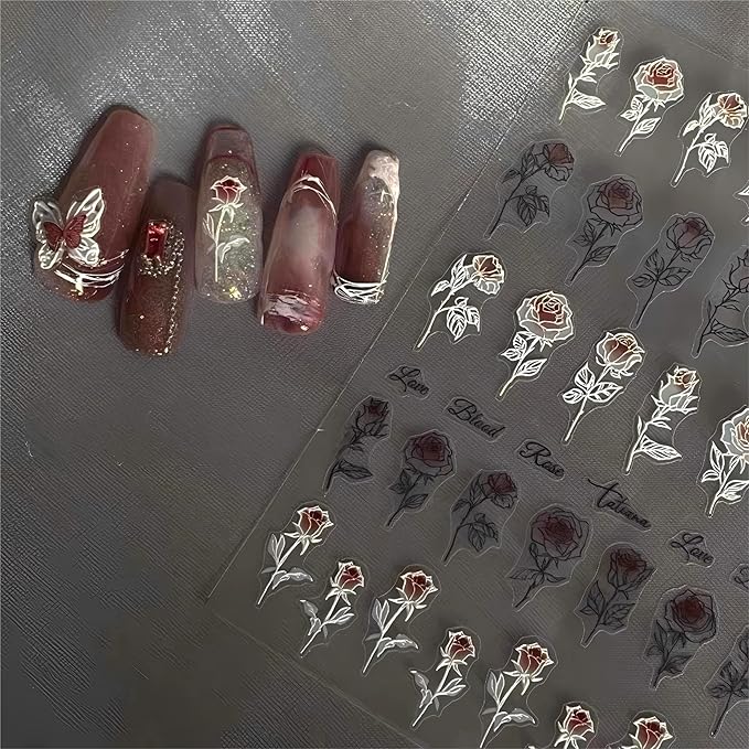 Dedyel Rose Nail Art Stickers 3D Floral Nail Decals Valentine Bridal Nail Art, Rose Design Self-Adhesive Nail Stickers for Women Girls DIY Nail Decoration