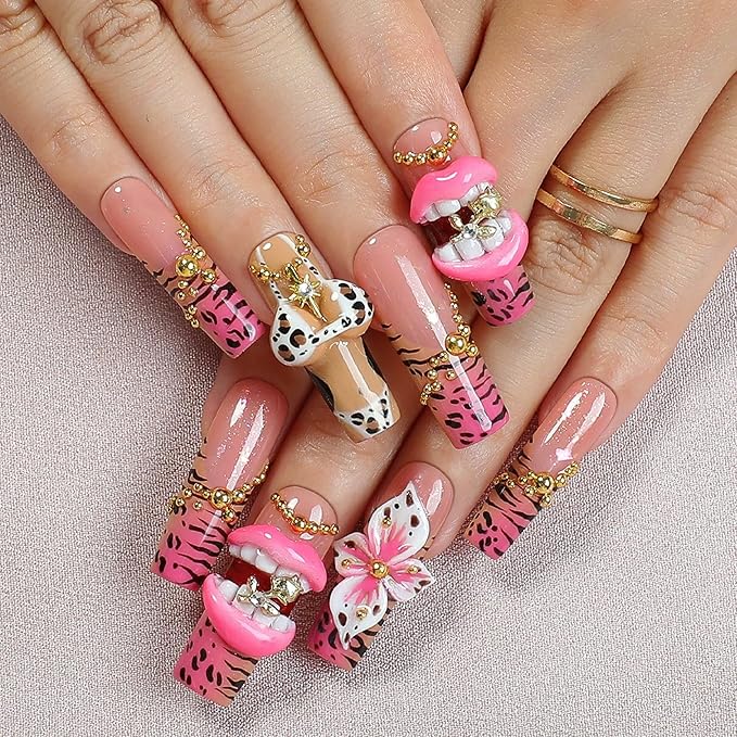 Handmade Press on Nails Long Square Fake Nails Leopard Print French Tip False Nails with Charms Pink 3D Lips Designs Acrylic Press Ons Luxury Reusable Glue on Nail for Women DIY 10Pcs (Size M)