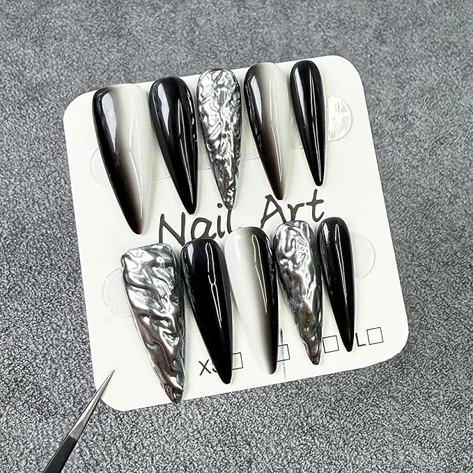 10Pcs Handmade Press on Nails Long Stiletto Glue on Nails Black White Ombre Fake Nails with 3D Swirl Designs False Nails Chrome Acrylic Nail Sparkly Stick on Nail for Women (Size M)