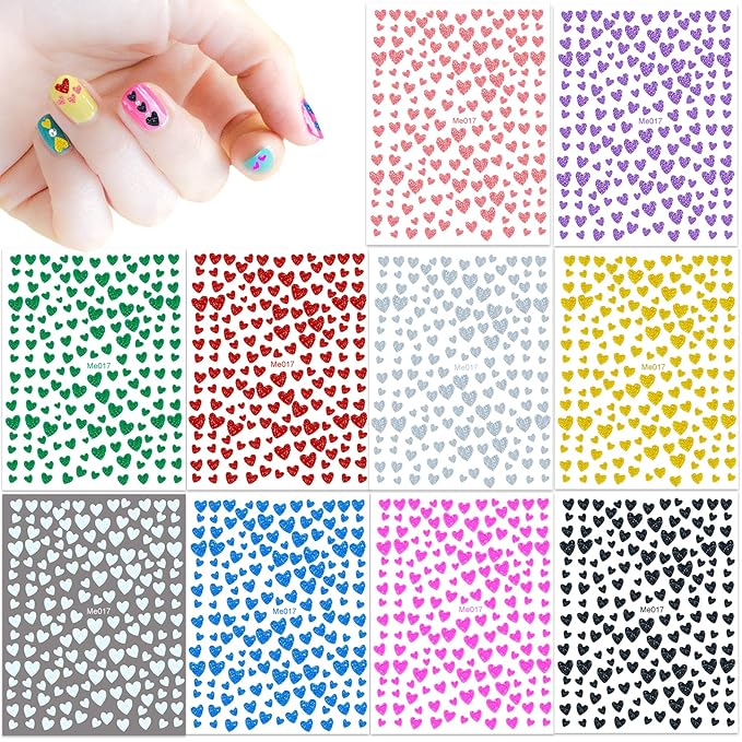 10 Sheets Glitter Heart Nail Stickers for Women Girls Kids Nail Decoration 3D Self Adhesive Shinning Nail Decals for Fingernails and Acrylic Nails Design (Glitter Heart)