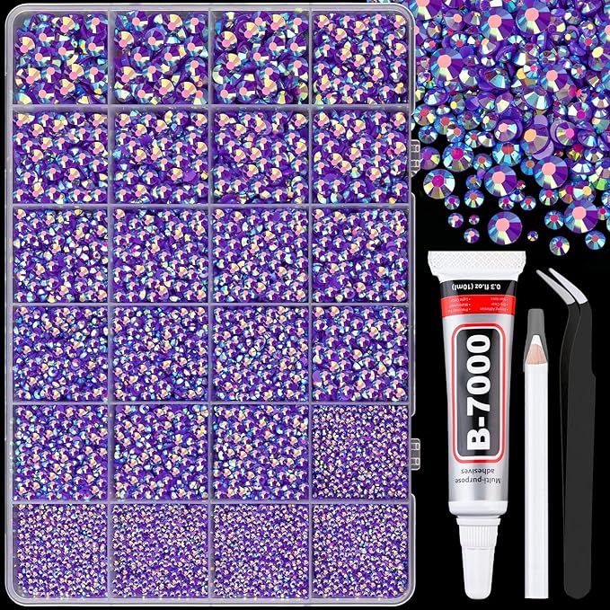 25000Pcs Resin Rhinestones for Crafting, Dark Purple AB 2-6mm Mixed Sizes Non Hotfix Flatback Gems with 1Pcs Glue, Bedazzling Crystal for DIY Craft Clothing Mugs Tumblers Shoes Fabric Decor Nail Art
