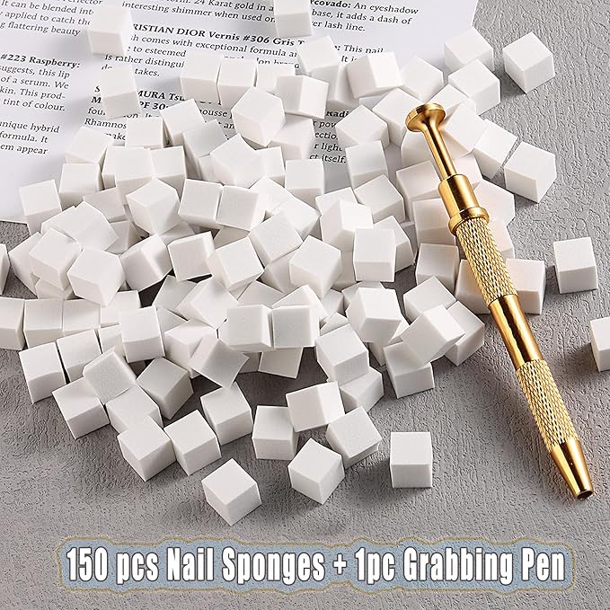 150pcs Nail Sponges for Ombre Mini Sponges for Nail Art with Grabbing Pen, Ombre Nail Brush Aura Nails Sponge for Manicure Tools Supplies Accessories-Gold