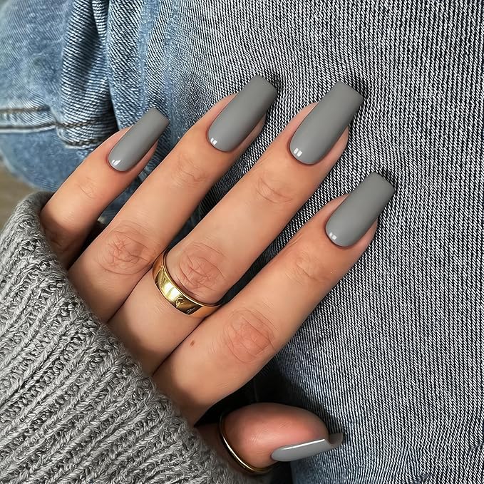 KQueenest Gray Press on Nails Long Medium Square, Stone Grey Fake Nails Medium Coffin, Glossy Sheer Color Acrylic Nails Press ons, Reusable Soft Gel Glue on Nails for Women Fall Winter