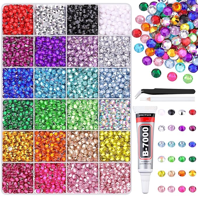 6600Pcs Resin Rhinestones with Tweezers, Multicolor 5mm Flatback Gems with 1 Pc B7000 Jewelry Glue, Bedazzling Crystal for Nail Art