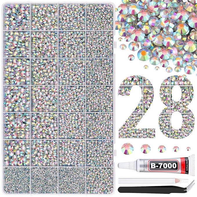 30000Pcs Resin Rhinestones for Bedazzling with B7000 Jewelry Glue, AB Flatback Gems Rhinestones for Crafting, Clothing Tumblers Mugs Shoes Fabric Decor Nail Art