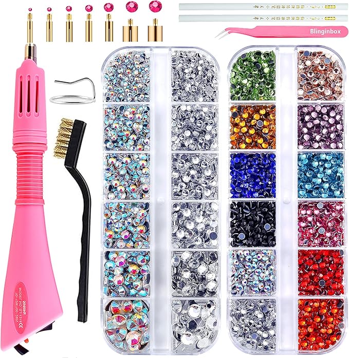 Blinginbox Hotfix Rhinestone Setter, Hot Fix Applicator Tool Bedazzler Kit with Rhinestones, Kit, Hot Fixed Wand for Clothes Clothing Fabric Crafts, 4000 Pcs, AB Crystal, Clear,7 Gems Sizes