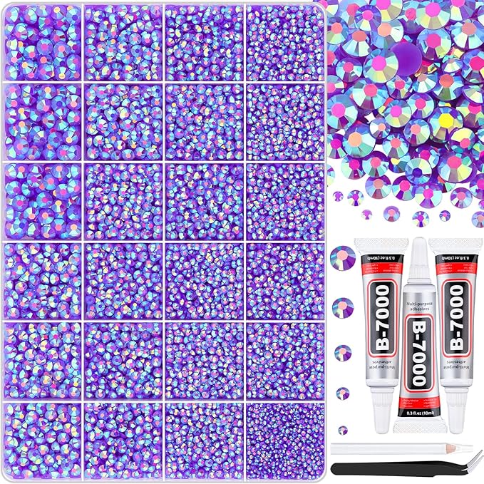 30000Pcs Dark Purple AB Rhinestones for Bedazzling with B7000 Jewelry Glue, Bedazzler Kit Bulk Flatback Gems, Resin Rhinestones for Crafting Crafts Clothing Shoes Nail Art Assorted Size 2/3/4/5/6mm
