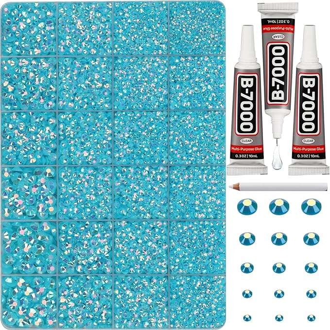 33000Pcs Teal Rhinestones for Bedazzling, Bedazzler Kit with Flatback Craft Rhinestones Turquoise Bulk and B7000 Glue, 2,3,4,5,6mm Resin Flat back Crystals for Craftings, Crafts, Clothes, Shoes, Nails