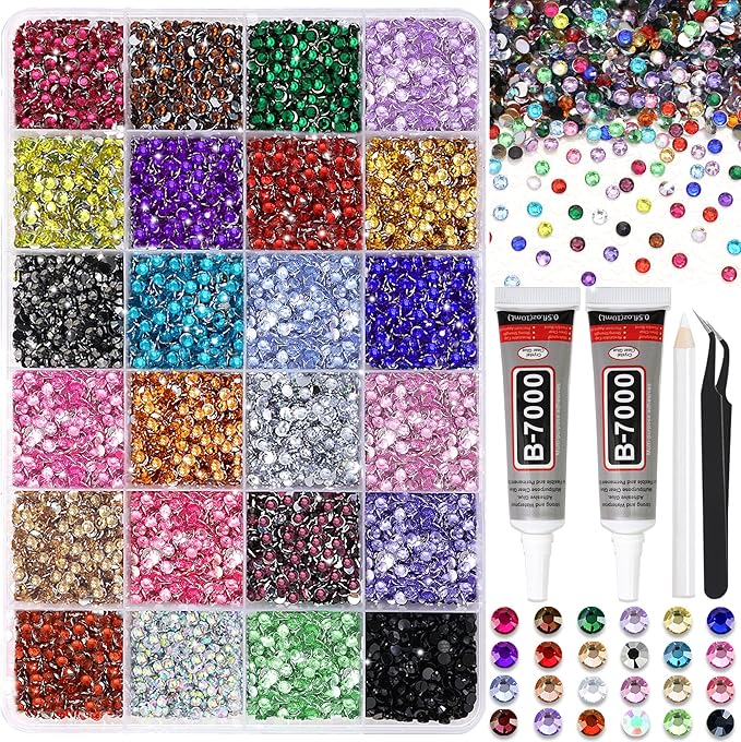 RODAKY 30000PCS Rhinestone for Bedazzling 3MM Flatback Crystals Jewels Resin Gems for Crafting 2PCS 10ml B7000 Glue Tweezer Rhinestones Kit for DIY Design Face Makeup Clothing Nail Art