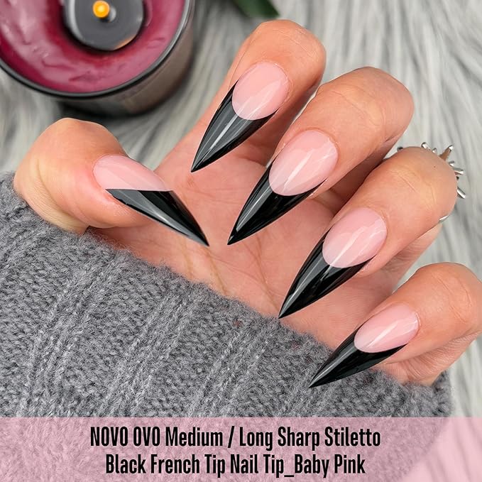 NOVO OVO Black French Tip Sharp Stiletto Pointed Medium Long Nail Tips Press on Baby Pink, Soft Gel Fake Acrylic Extension, Full Cover False Nails for Salon DIY x 16 Sizes 160 pcs