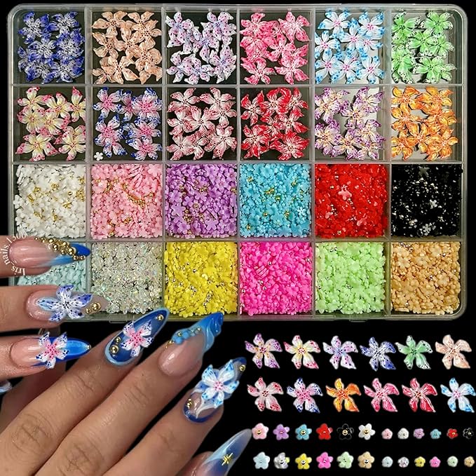 3D Flowers Nail Charms Kit, Colorful Hawaii Flower Nail Charms and Gems Cute Hibiscus Floral Charms for Nail, Spring Flowers for Nails Design with Caviar Beads for Nails Art Charms DIY Crafts