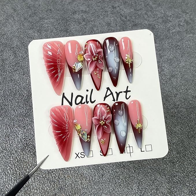 Handmade Press on Nails Long Almond Fake Nails Luxury 3D Flower Art Designs Salon Quality Acrylic Nails Ombre French Tip Sparkly Stick on Nail for Women Manicure 10Pcs (Size M)