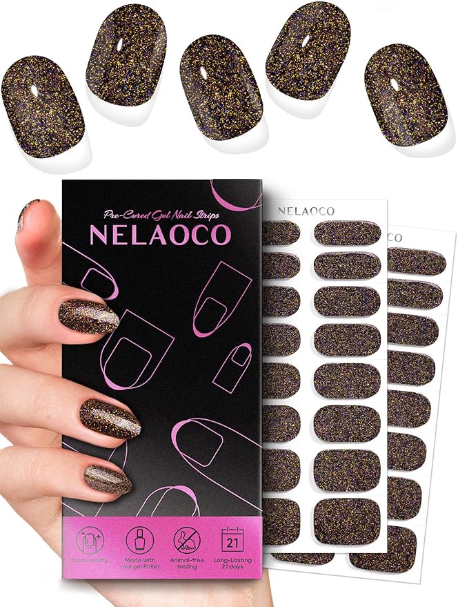 Nail Polish Strips – 32PCS UV Free Salon Quality Wraps, Long Lasting Gel Nail Stickers for Women (Copper Spark)