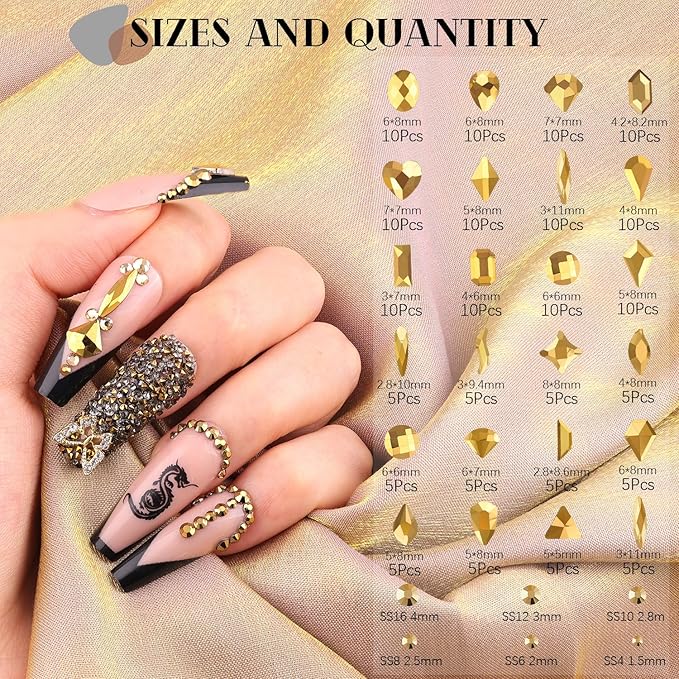 1680Pcs Mineral Gold Glass Nail Rhinestones 180Pcs Multi Shapes Flatback Nail Gems + 1500Pcs 1.5-4mm Round Crystal, Manicure Nail Charms Diamond Gemstones for Acrylic Nails Decoration