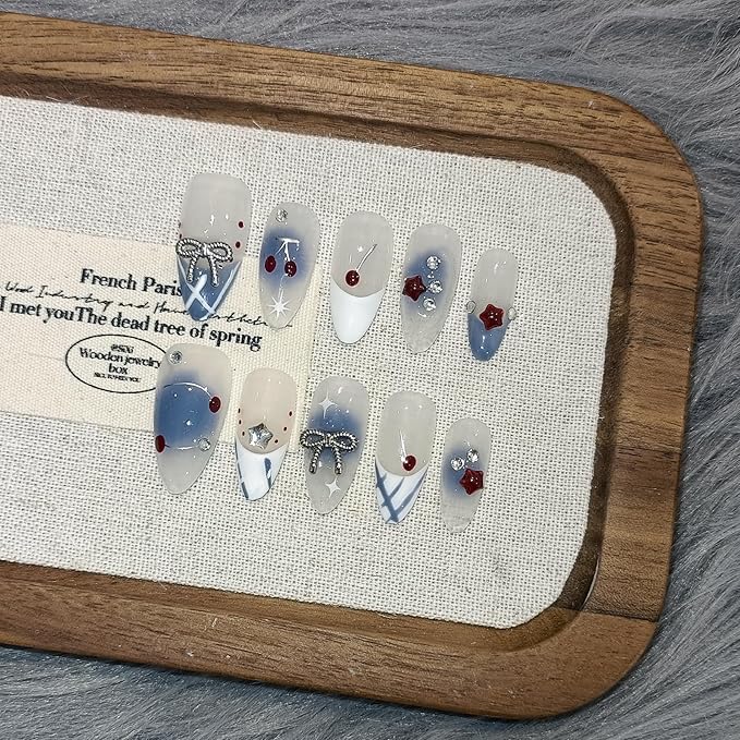 Light Blue White French Press on Nails Medium Almond with 3D Charms Bow Rhinestone Cherry,10Pcs Sweet Girls Summer with Full Kit(L)