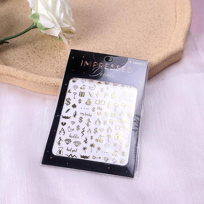 Impressed 5 Sheets Gold Holographic Nail Art Stickers - 500+ Small Customized Nail Decals for Fake Nail Design Decorations – Cute Salon Nails Accessories - Manicure Décor Supplies for Women and Men