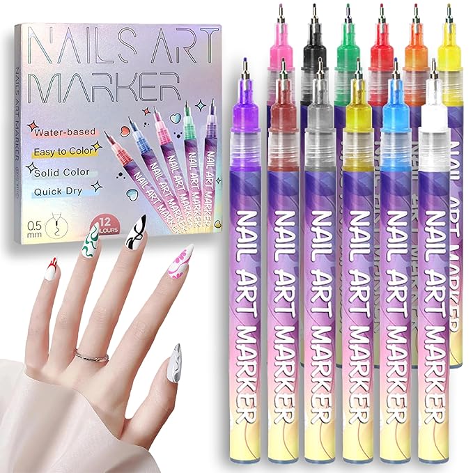 12 Colors Nail Art Pens Set 3D Nail Polish Pens Graffiti Dotting Pen Acrylic Paint Pens Point Liner Pen Drawing Painting for Nails Art Design Manicure Nail DIY Decoration (Laser-12pcs)