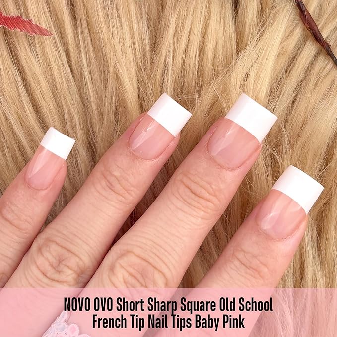 NOVO OVO Old School Wide White French Short Sharp Square Tip Nail Tips Press on BABY PINK, Need Builder Gel Top Coat Nail Glue, Soft Gel Full Cover Fake Nail Extension, for DIY x 15 Sizes 240 pcs