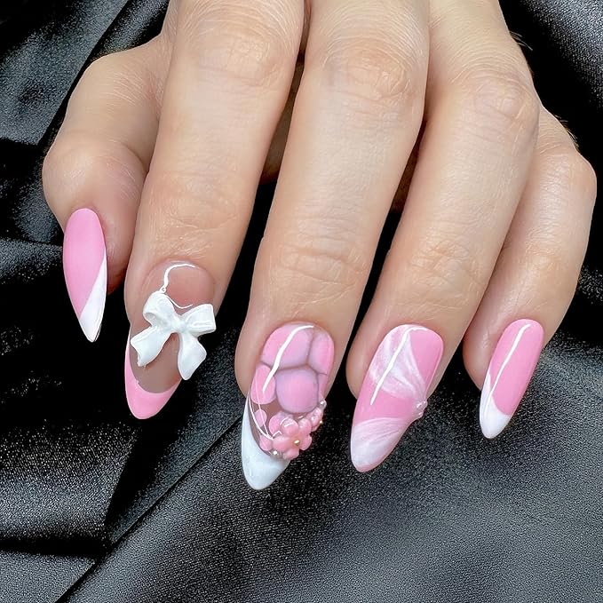 Handmade Press On Nails Medium Almond Baby Pink with White French Tip, Flower 3D Bow & More | Reusable Soft Gel Nails in 12 Sizes-24 Nail & Kit with Glue | Designed in L.A | Rosy Whispers
