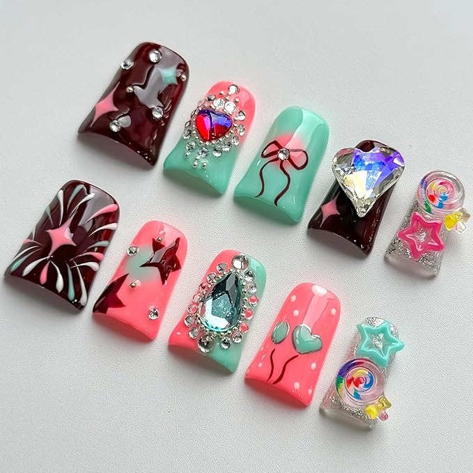 Luxury Press on Nails Short Duck Handmade 3D Unique Reusable ABS Material Fake Nails Pink Cute False Nails with Designs Rhinestones Stars Lollipop Glossy Glue on Nail Thick Acrylic Nail(S)