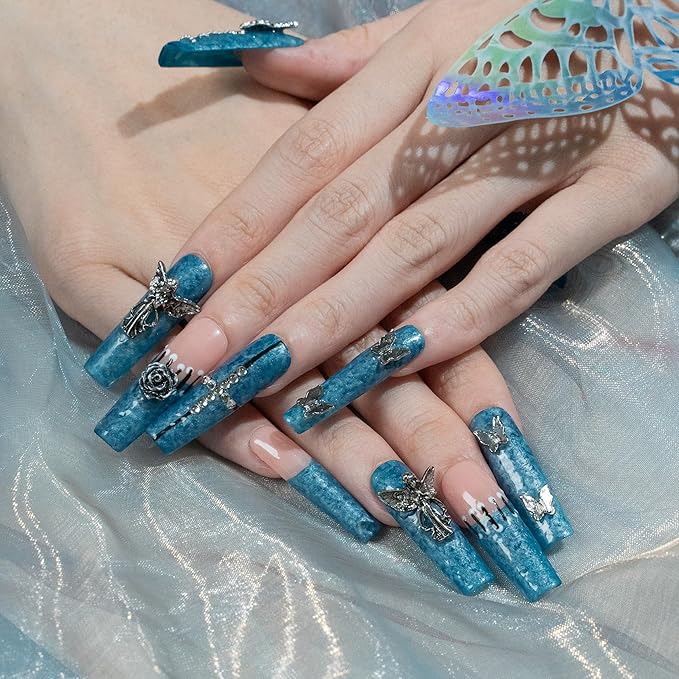 Sun&Beam Nails Handmade Press-on Long Coffin Ballerina Blue Nude Beige Y2K Glam 3D Design Fashion False Nail Tips 10 Pcs Set (#269 S)